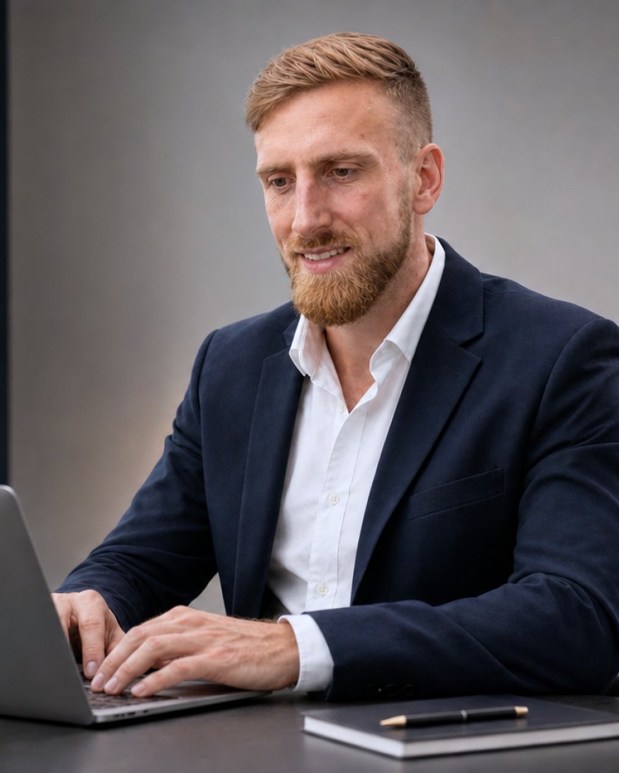 Moritz Henkel von Janovo Marketing arbeitet am Laptop an einer Recruiting-Kampagne